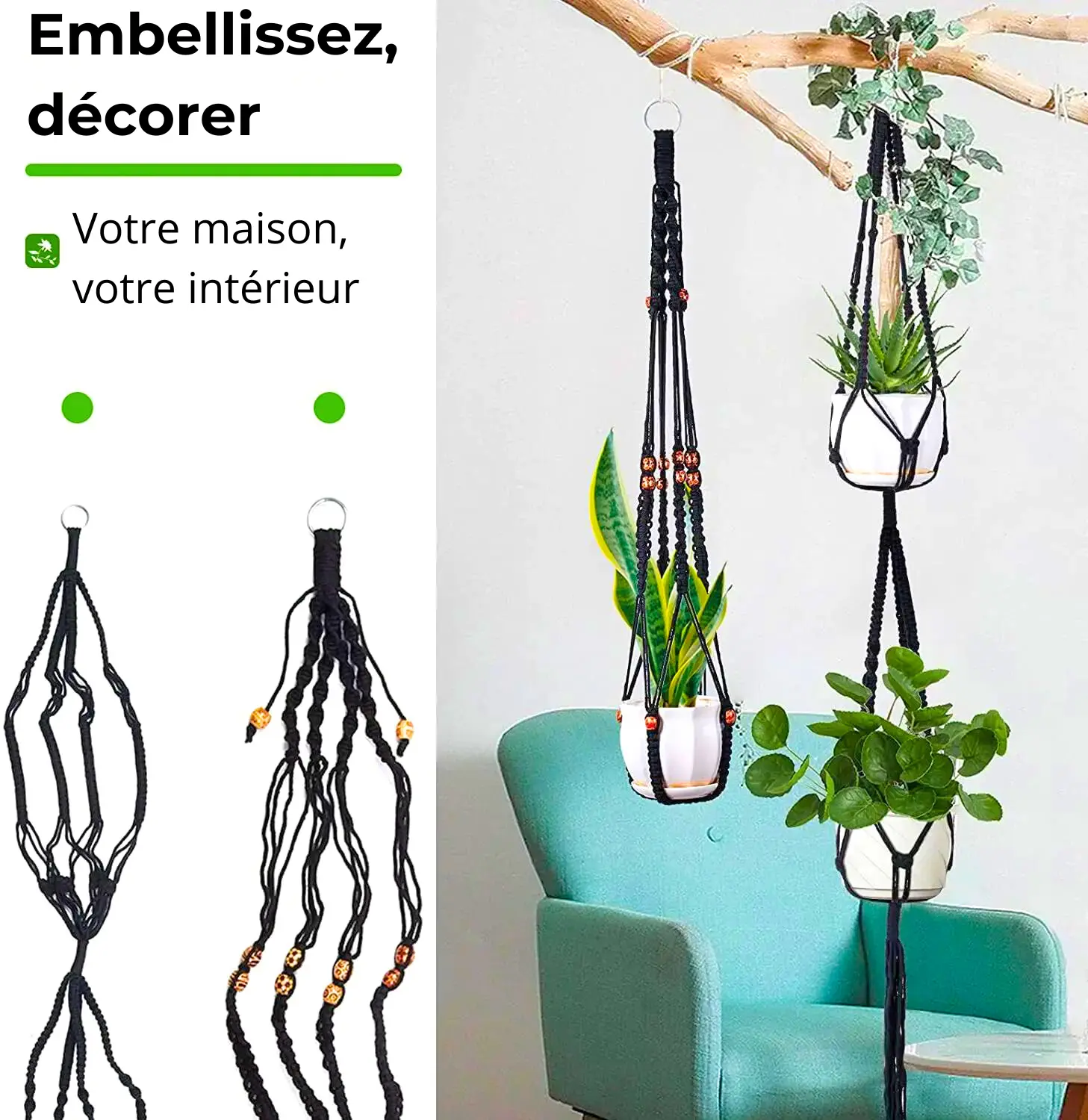 Suspension Macramé Pots de Fleur Noir – Image 3