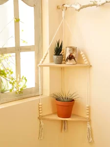 Étagère d'Angle Double en Bois et Macramé avec Perle