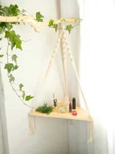 Étagère d’Angle en Bois Tressé Macramé Blanc
