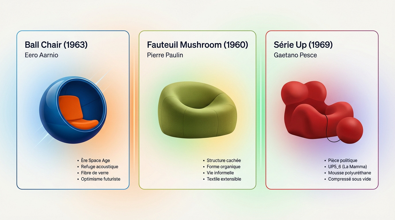 Sélection de fauteuils design iconiques des années 60 et 70 aux formes audacieuses