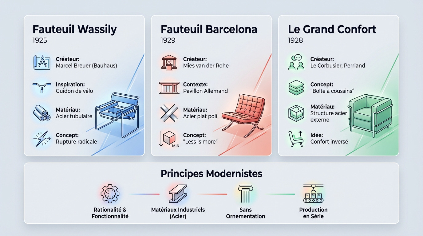 Illustration des principes du design moderniste avec des chaises emblématiques en acier tubulaire