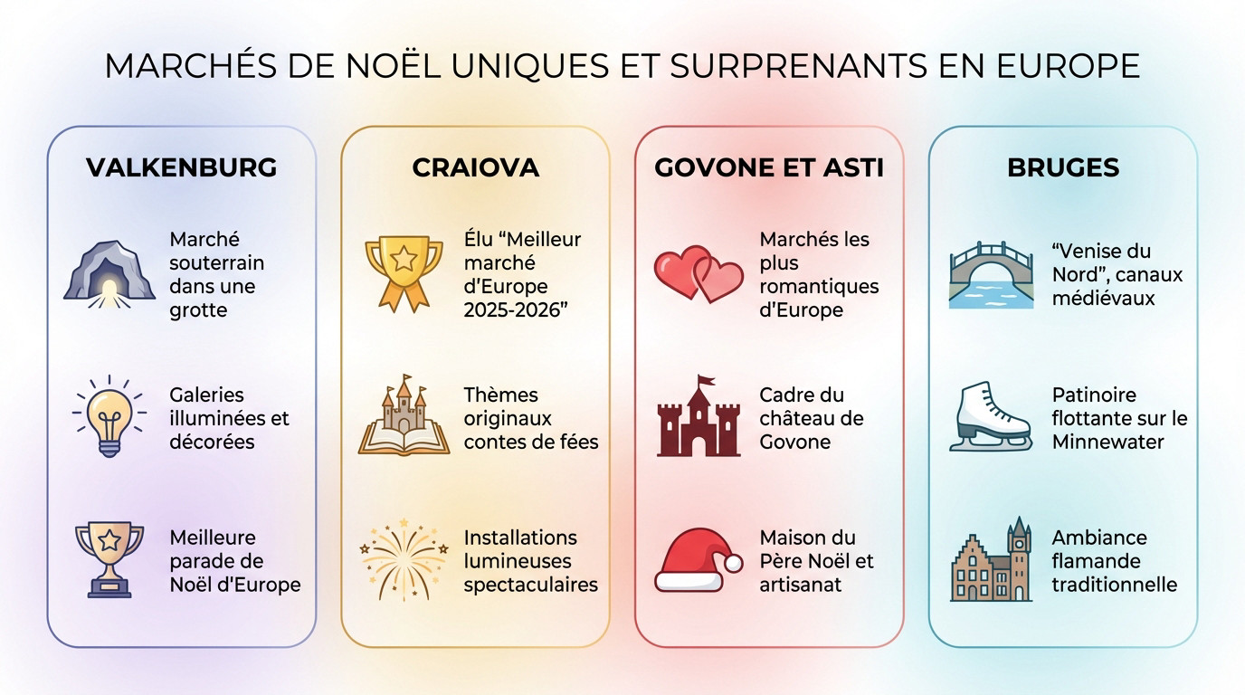 Marché de Noël féerique et illuminé en Europe avec des chalets en bois